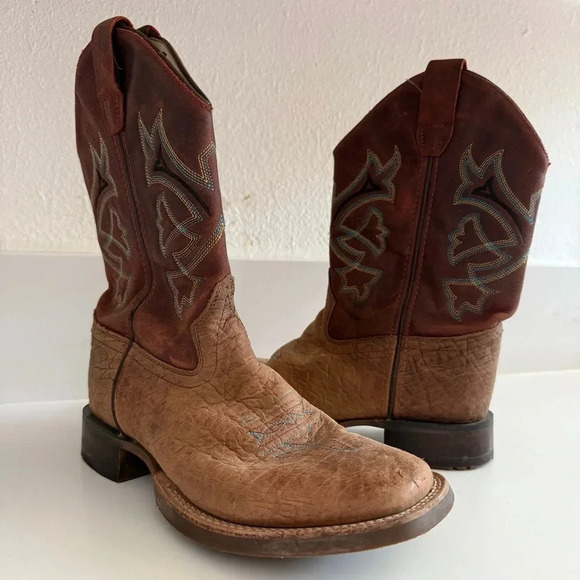 OLD WEST- Kids-Distressed-Vamp-Cowboy Boots-Brown-Red-Size 3 - Picture 3 of 14